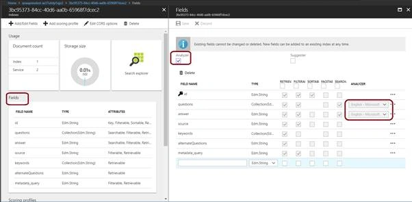 Azure portal presenting Azure search resource blade with language Analyzer