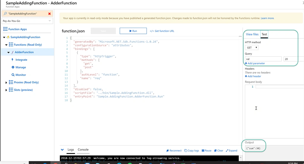 Azure Function Console