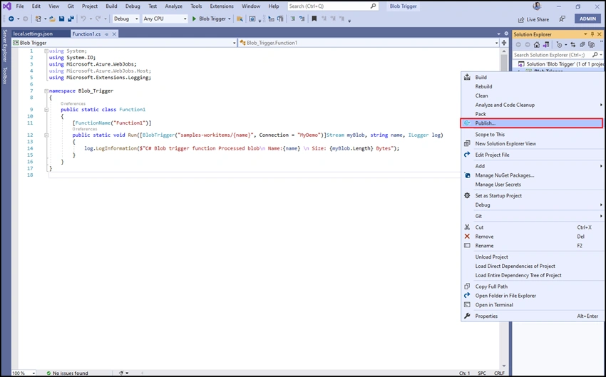 Deploy Azure Function – Blob Trigger from Visual Studio
