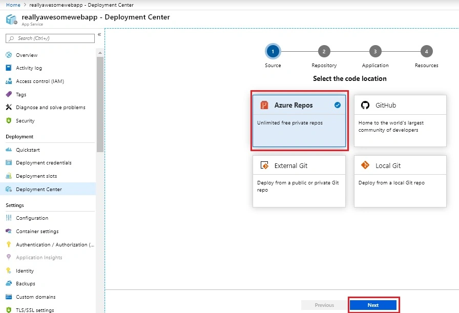 Deploy .NET Core Application To Linux Containers On Azure Web App using Deployment Center