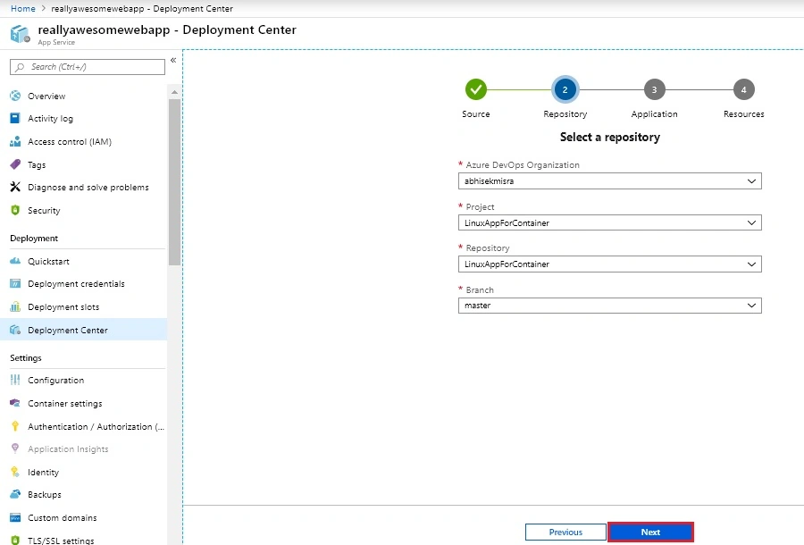 Deploy .NET Core Application To Linux Containers On Azure Web App using Deployment Center