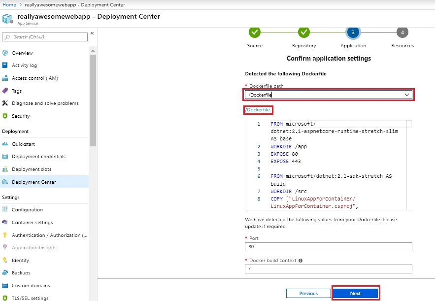 Deploy .NET Core Application To Linux Containers On Azure Web App using Deployment Center