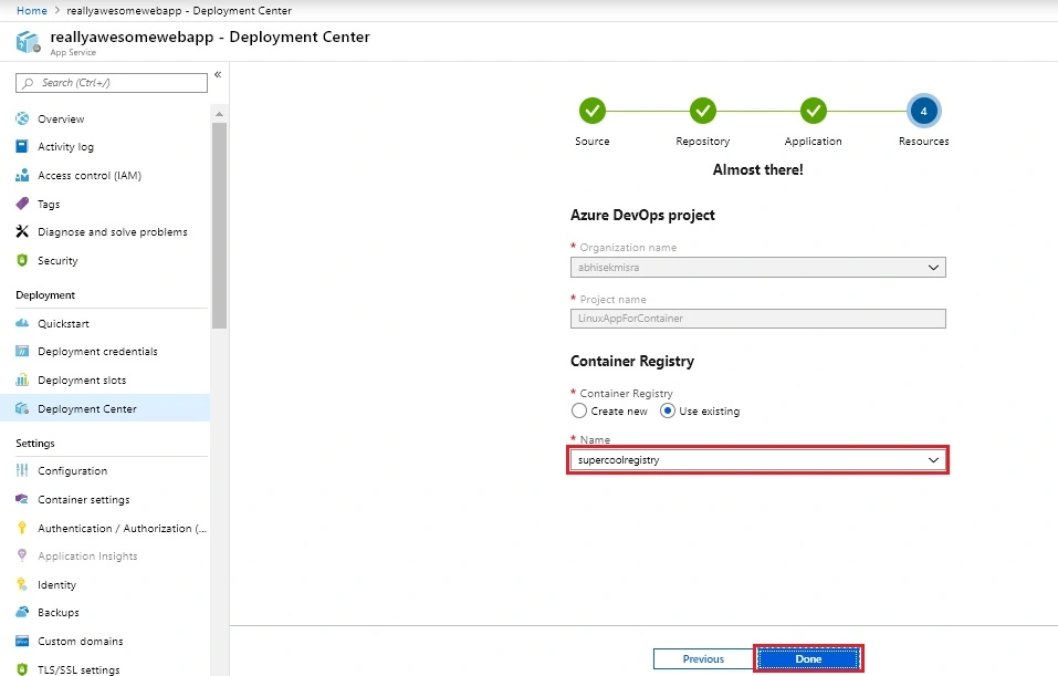 Deploy .NET Core Application To Linux Containers On Azure Web App using Deployment Center