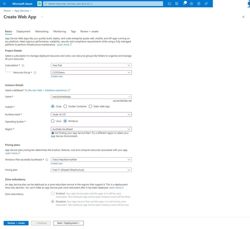 ReactJS App to Azure App