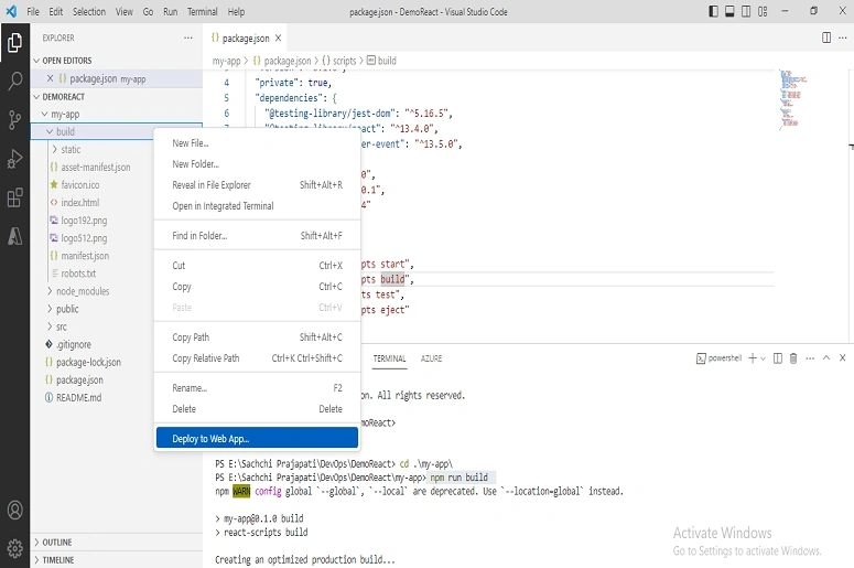 ReactJS App to Azure App