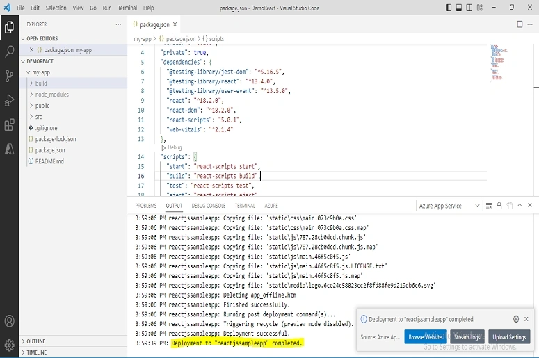 ReactJS App to Azure App