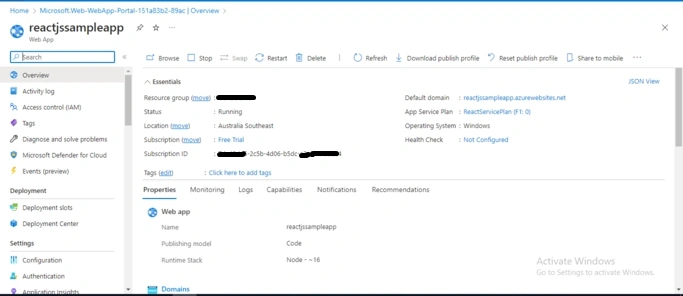 ReactJS App to Azure App