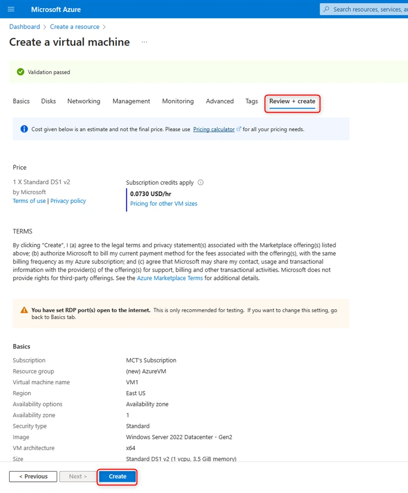 Virtual Machine Review & Create
