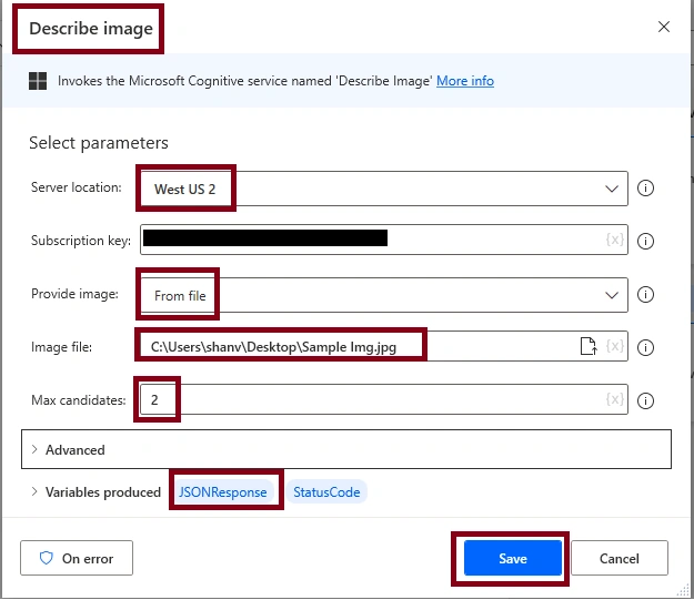 Describe image Action in Desktop flow
