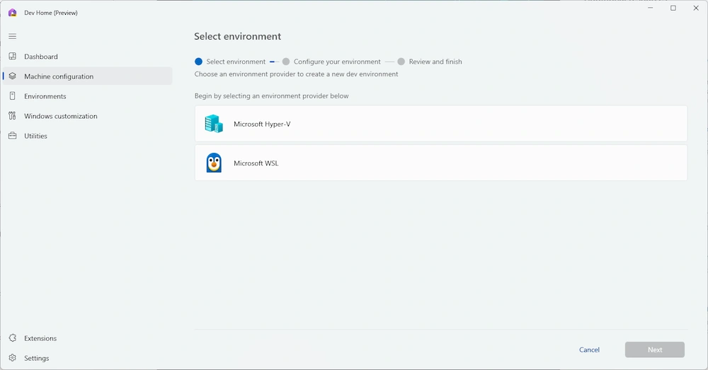 A screenshot of how to begin selecting an environment provider from the Dev Home app