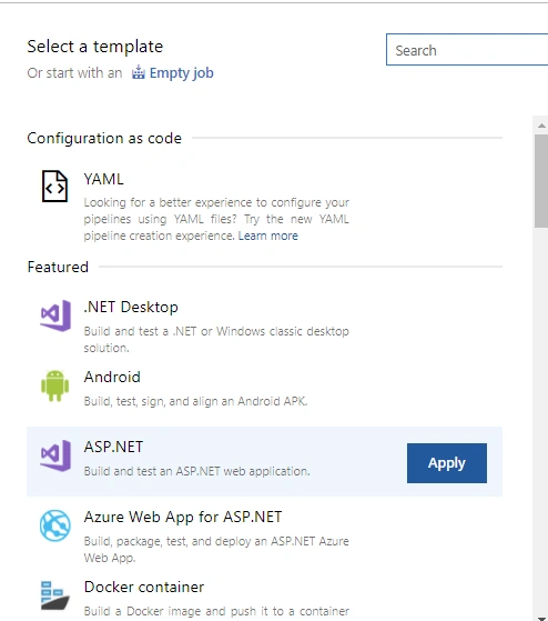 Choose a template: ASP.NET