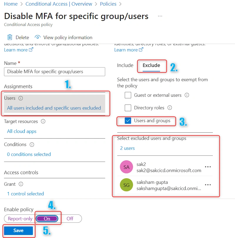 Disable MFA using Azure Portal