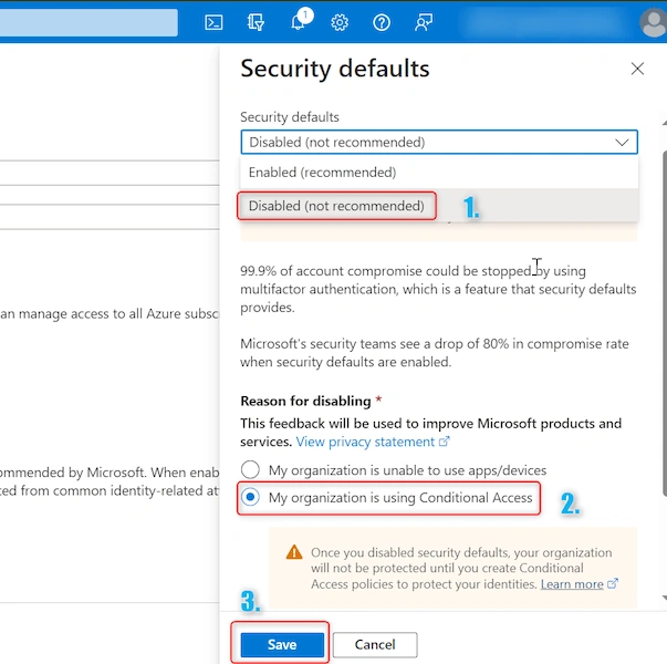 Disable MFA using Azure Portal