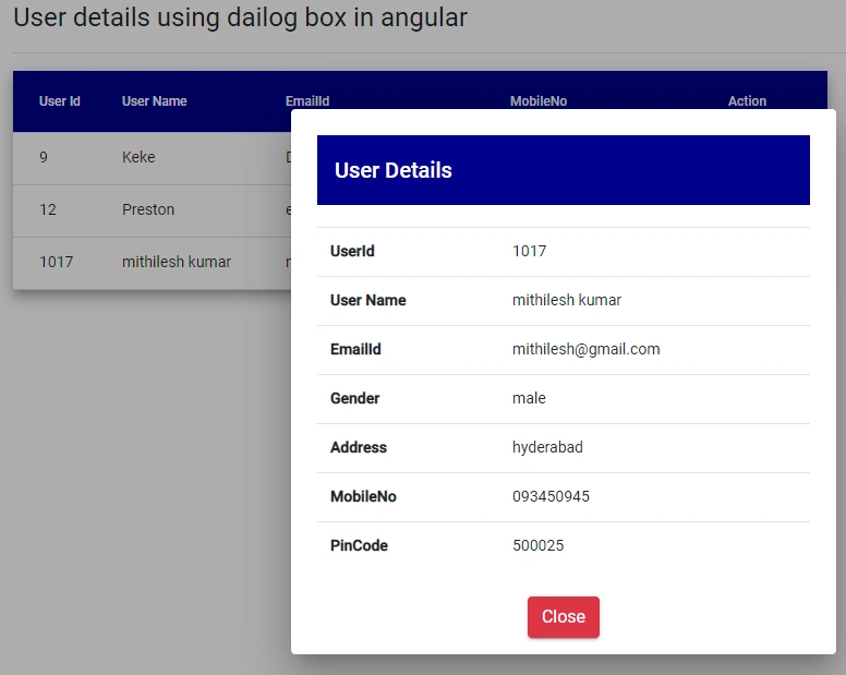 Create An Application To Get User Details In A Dialog Box In Angular With Angular Material Using Web API And SQL