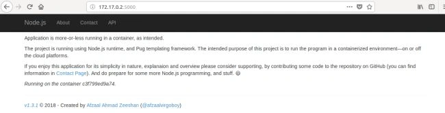 Home page of the container app running in Firefox