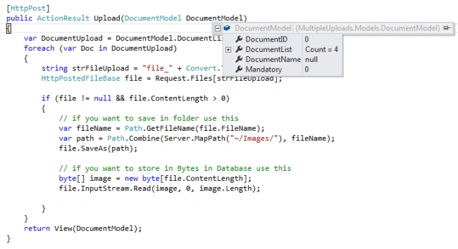 Posted data from View to Upload Action method
