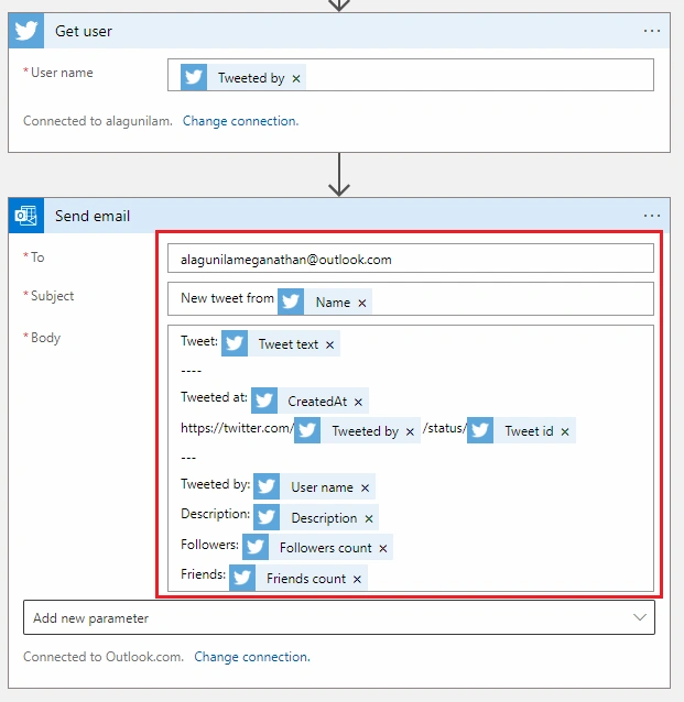 Email yourself new tweet with specific keyword Using Azure Logic App