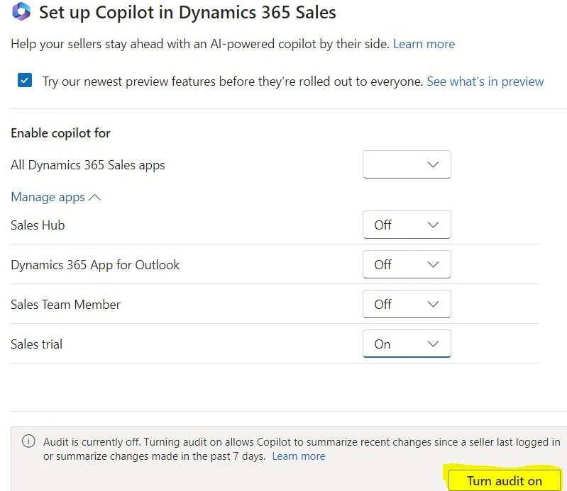 Set up Copilot in dynamics 365 sales overview turn audit on-