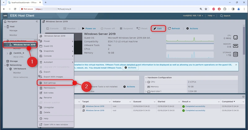 Edit settings for the Virtual Machine