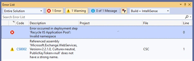 Error Occurred In Deployment Step 'Recycle IIS Application Pool' - Invalid Namespace SharePoint