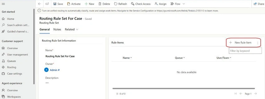 Routing new rule item set for case -