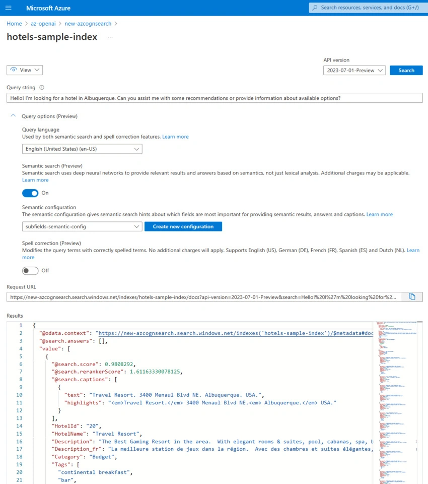 Search Explorer results with Semantic Search. Travel Resort got 0.98 as search score and 1.61 as search rerankerScore