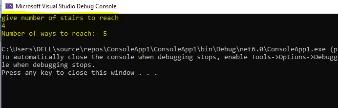 Find total number of ways to reach the n’th stair from the bottom in C#