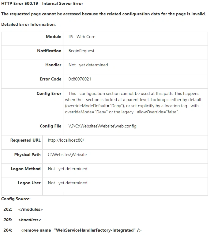 HTTP Error 500.19 - Internal Server Error