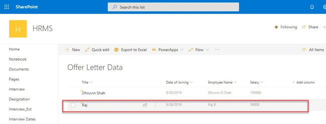 Offer Letter Data list