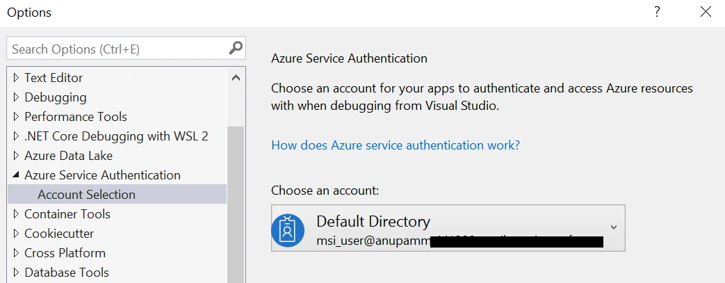 Set up Azure Service Authentication account in VS