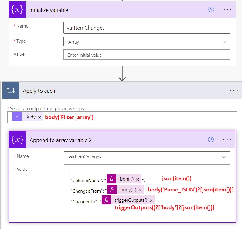 Generate array of changes