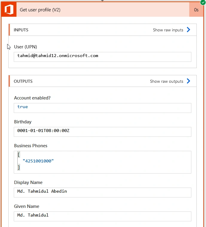 Figure 4: Retrieved data with Get user profile action