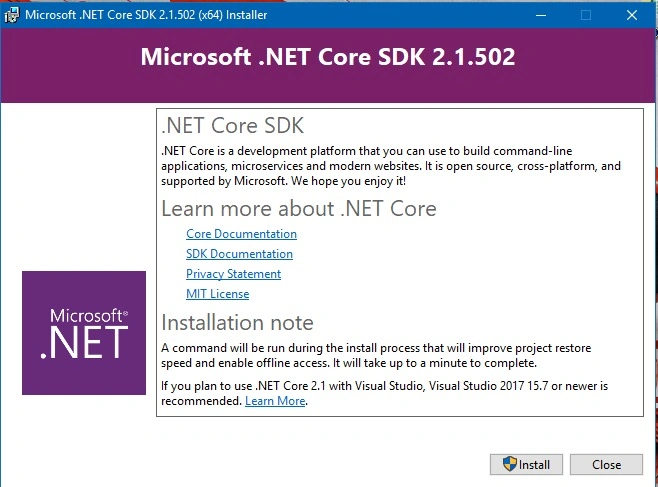 Let's install .NET Core 2.1.502