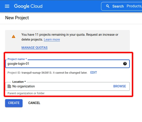 cloud console project name