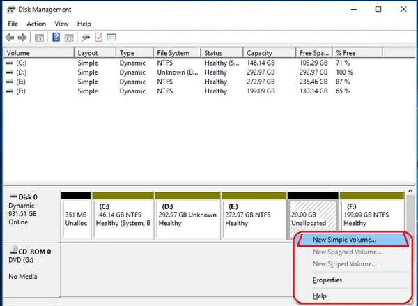right click on unallocated space