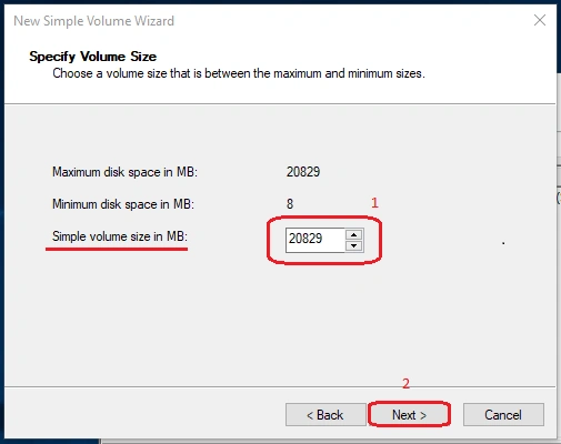 enter the volume size