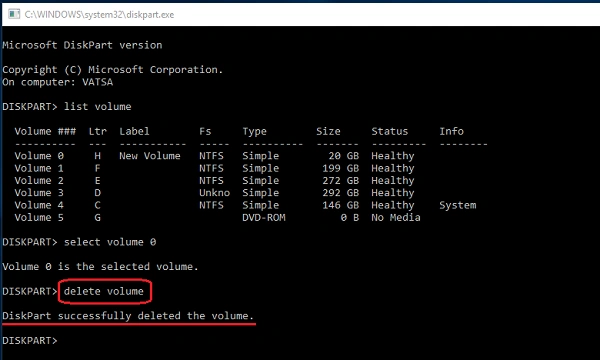 type delete volume