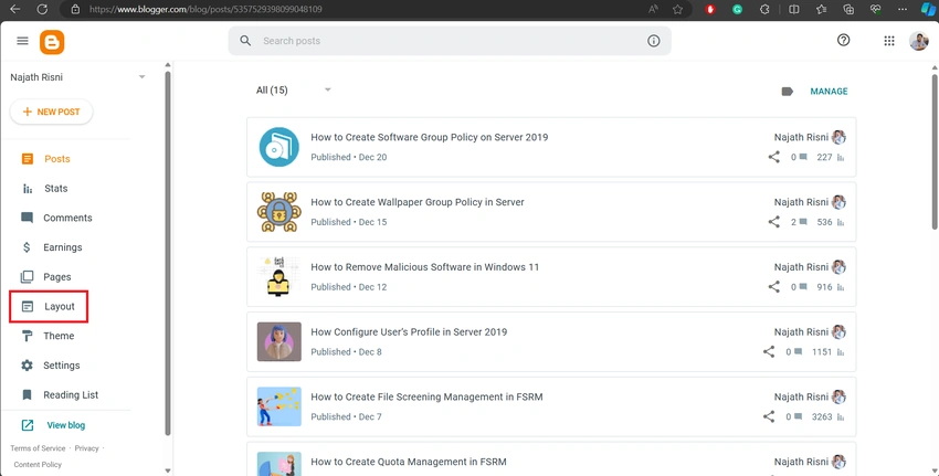 Step 1: Blogger Dashboard Layout