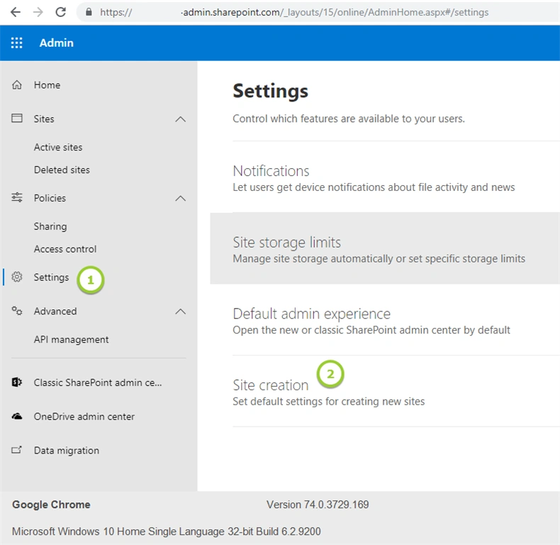 Default Settings Available For Online From SharePoint Online Admin Center