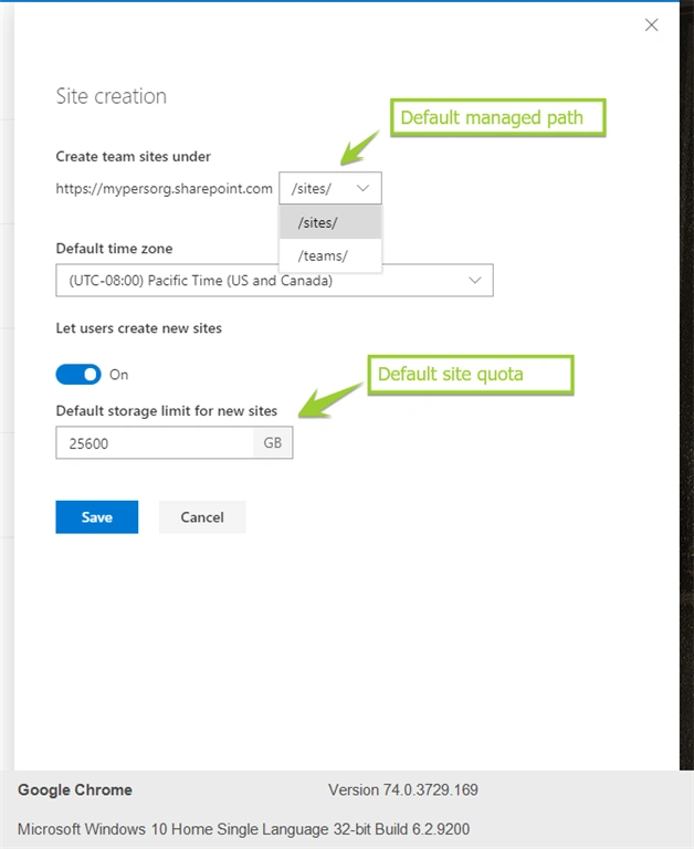 Default Settings Available For Online From SharePoint Online Admin Center