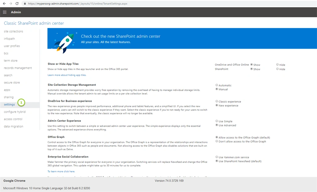 Default Settings Available For Online From SharePoint Online Admin Center