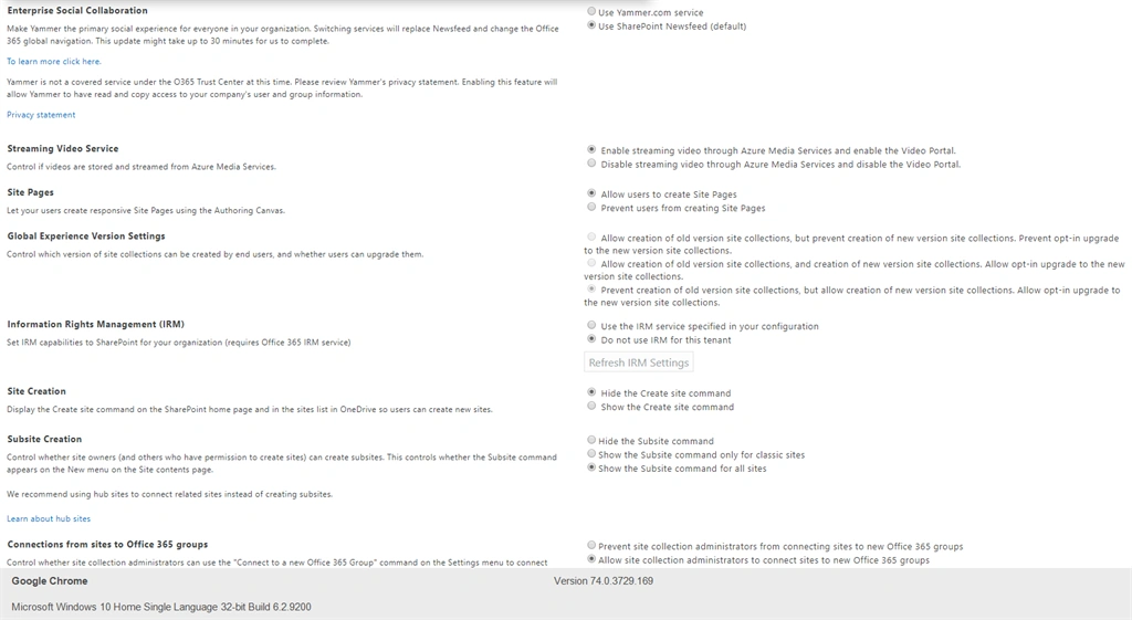 Default Settings Available For Online From SharePoint Online Admin Center