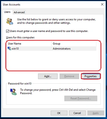 select the user name then click on the "Properties" button