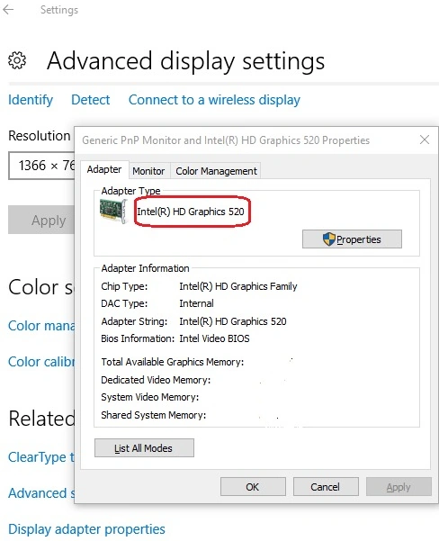 Display adapter properties