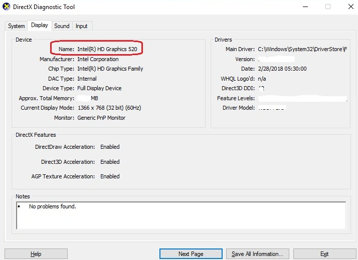 Name Intel(R) HD graphics