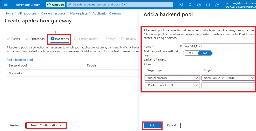 Click Add Backend Pool then Provide some Pool name (AppVM_Pool)