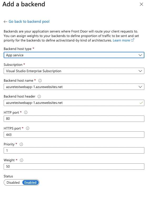 How to configure Front Door for an Azure App:
