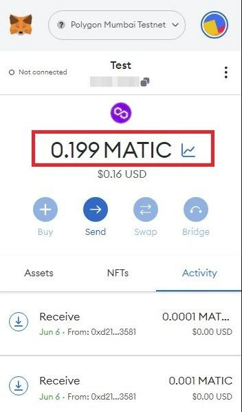 Metamask wallet after sending matic