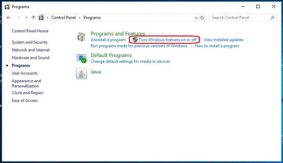 Click on the "Turn Windows Feature On or Off" option.