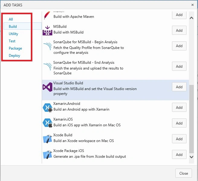How To Create A Build Definition In TFS 2015, Adding Tasks And Setting Build Menu Options